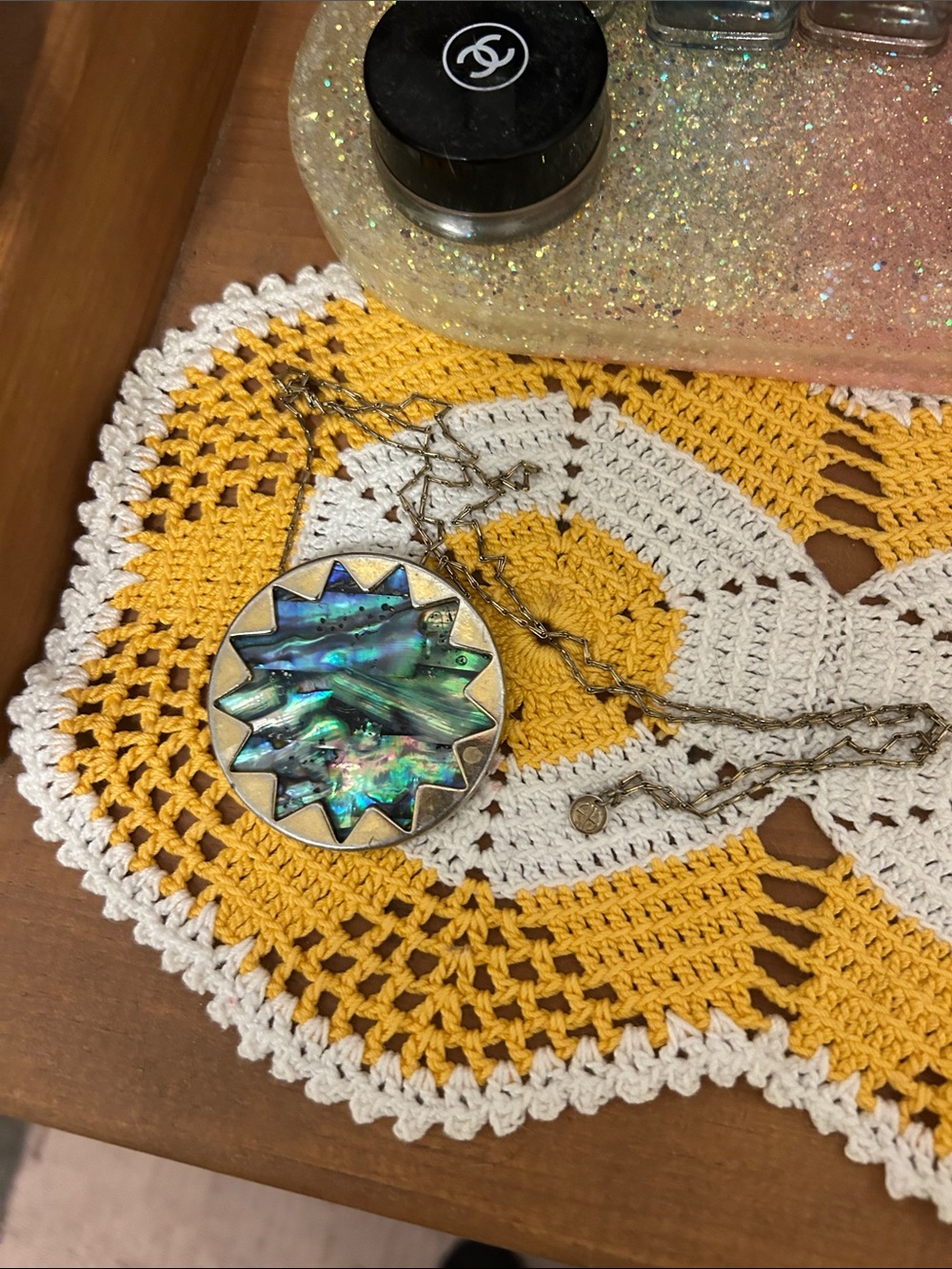 House of Harlow Abalone Pendant on a Long, Thin Chain